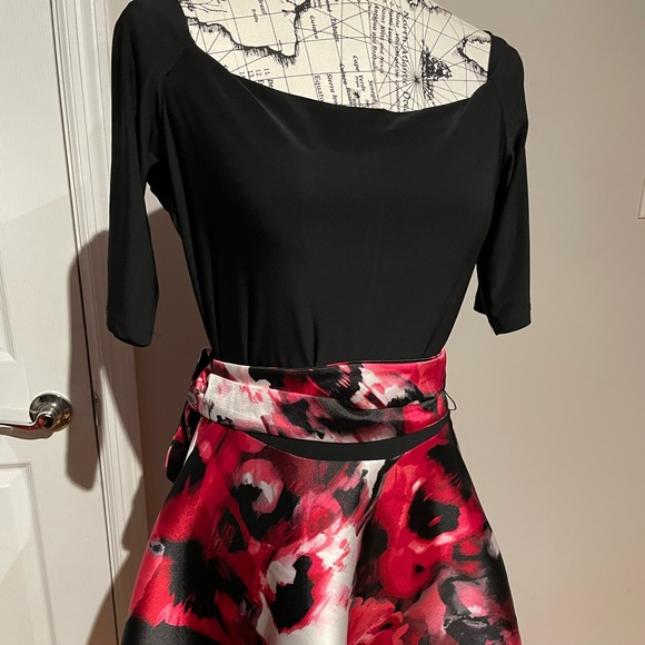 Off Shoulder Fit Flare Marble Water Floral Print Asymmetric Belt Evening Formal - Picture 2 of 6